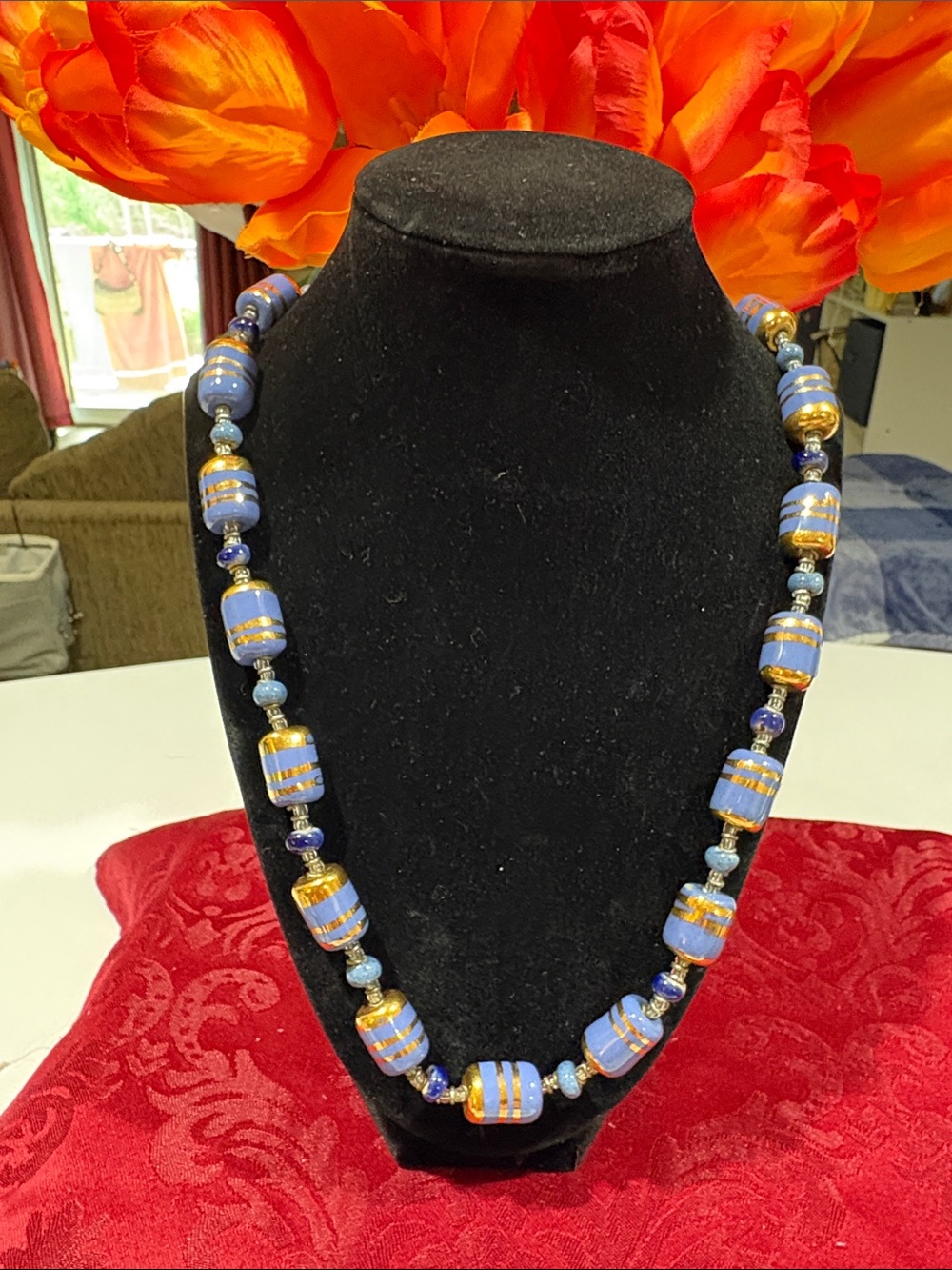Handcrafted Blue and Gold Bead ed Necklace